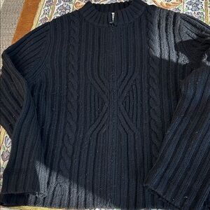 Jillian Jones Black Wool Cable Knit Full Zip Front Women's Cardigan Sweater. XL.